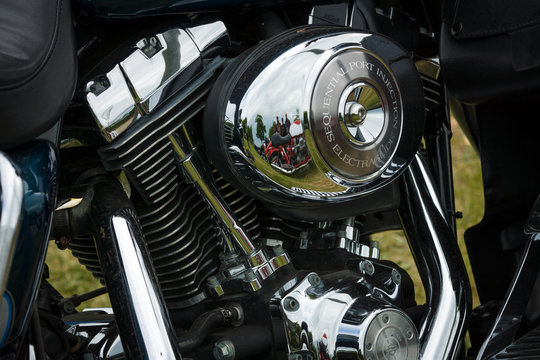 PAAREN IM GLIEN, GERMANY - MAY 23, 2015: Fragment of a motorcycle Harley-Davidson close-up. The oldtimer show in MAFZ.