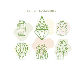 Continuous Line Drawing of Vector Set of Cute Cactus in pot. Collection of succulents plant. Sketch House Plants Isolated on White Background. Potted Cactus Family