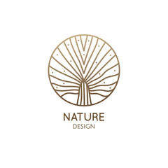 Plant logo of tropical leafs in circle. Palm leaf linear emblem for design of business, holiday, travel agency, ecology and resort concept, tourism, spa and natural cosmetics. Vector icon