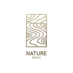 Abstract nature logo. Natrural minimalistic landscape icon with waves structure. Vector pattern with wavy lines. Ornamental rectangular emblem. Geologic and mineral industry, travel, massage