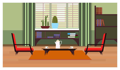 Home interior with coffee table, window and shelves with books illustration. Empty apartment view. Home concept. For websites, wallpapers, posters or banners.