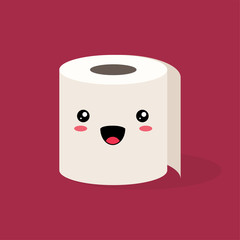 Cute kawaii Roll of white toilet paper with a smiling face on a colored background. Flat vector stock illustration