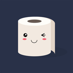 Cute kawaii Roll of white toilet paper with a smiling face on a colored background. Flat vector stock illustration