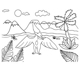 Outline vector pteranodon isolated on white background. Pterodactyl vector. Flying reptile. Jurassic period. Reptiles animals. Coloring book for adults and children. © Katerina