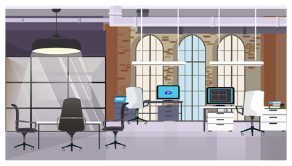 Loft interior with brick wall and windows illustration. Modern computers on tables and conference desk with chairs. Office illustration