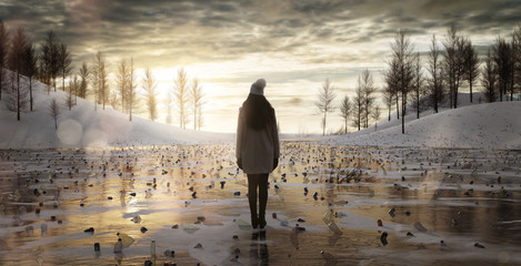 Woman Standing On Frozen Polluted Lake