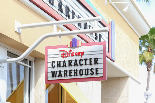 Orlando, Florida, USA- February 24, 2020: Disney Character warehouse store sign in Orlando, Florida, USA, the selling Disney character clothing, housewares, toys & collectibles.