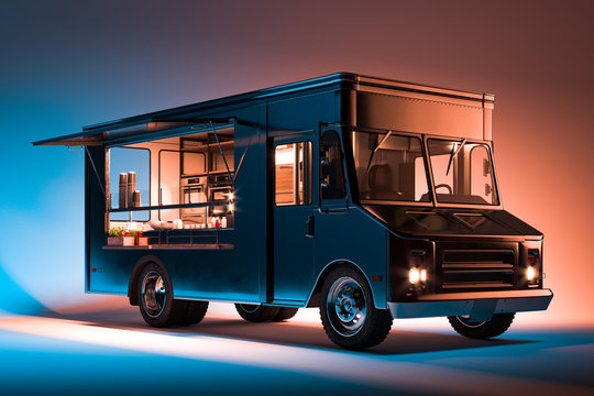 Black Food Truck With Detailed Interior Isolated on Illuminated Background. Takeaway food and drinks. 3d rendering.