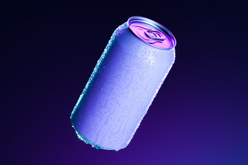 White Aluminum Can With Cold Water Droplets Isolated on Dark Blue Background, 3d rendering. Empty Space. Copy Space