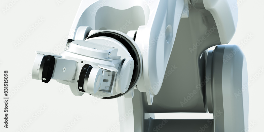 Poster white robotic mechanical arm on white background. cybernetic organism with artificial intelligence. 