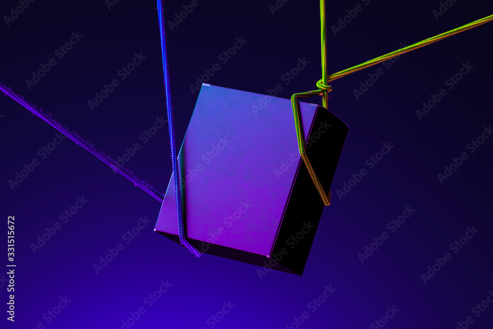 Poster violet cardboard blank box tied with ropes on blue background and illuminated by neon lights. 3d ren