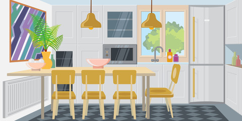 Modern cozy kitchen combined with dining room. Comfortable kitchen room equipped with appliances. Apartment concept. Illustration can be used for topics like home, flat, dwelling