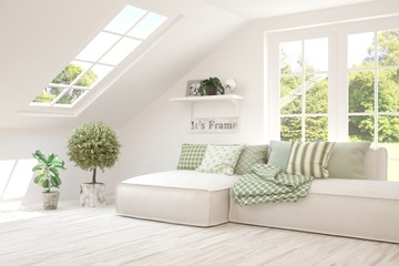 White living room with sofa and summer landscape in window. Scandinavian interior design. 3D illustration