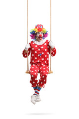 Cheeky clown swinging on a wooden swing