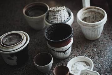 Flower port and brooms in hallway of building 