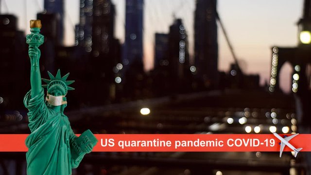 Coronavirus COVID-19 USA quarantine pandemic with US map attack coronavirus in the statue of liberty New York City skyline with Brooklyn Bridge