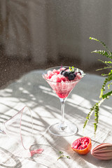 Crushed red ice in martini glass. Berry granita with mint and blueberries. Harsh light and shadows. Natural lighting. White background. Sunlight with large shadows. Minimalist food photography.