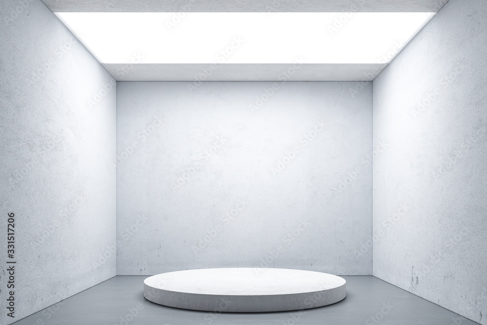 Poster showcase with empty space on pedestal near white walls in art gallery. 3d rendering. minimalism conc
