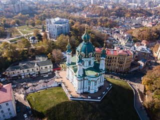 Aerial top view to St Andrew Church in Kiev