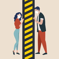 Love in quarantine times flat vector illustration. Man and girl separated by security concept. Couple in protective medical masks. Danger of the virus, quarantine, warning and attention
