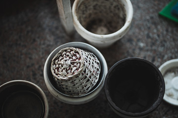 Empty pots with little soil