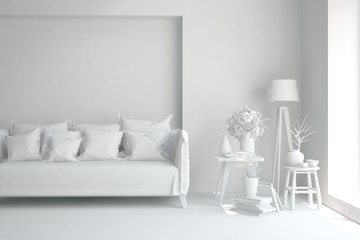 White minimalist living room with sofa. Scandinavian interior design. 3D illustration