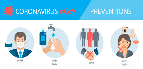 Obraz na płótnie Canvas infogaphic of 4 rules for Coronavirus 2019-nCoV disease prevention. Healthcare and hygiene procedure. How to protect yourself from virus, four tips. Pandemic 2020. Vector illustration.
