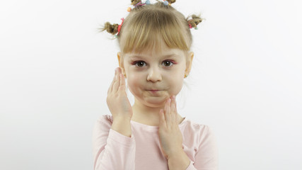 Positive girl emotionally make faces and smile in pink blouse. White background