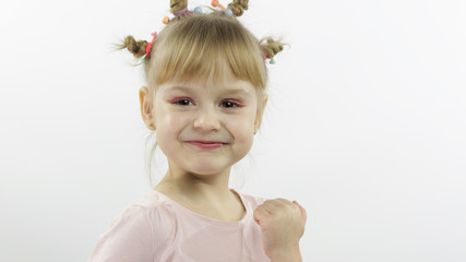 Positive girl emotionally make faces and smile in pink blouse. White background