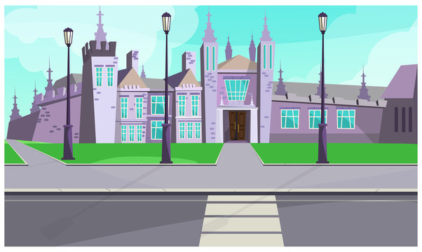 Gothic Mansion On City Street Illustration. Old Gray Stone Building With Tall Towers Near Road. Castle Illustration