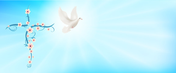 Flowered Christian cross and flying dove. Christian sign. Easter. Sign of purity. Christian faith. Baptism. Holy Spirit. Light blue background with bright rays. Evangelization. Banner
