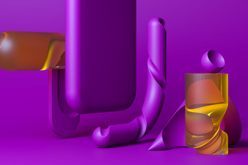 Abstract Matte And Glossy Figures Of Violet And Transparent Orange Colors on Violet Background. 3d Rendering
