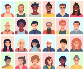Set of persons, avatars, people heads of different ethnicity and age in flat style. Multi nationality social networks people faces collection.