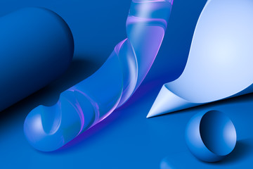 Abstract Matte And Glossy Transparent Figures Of Blue and White Colors on Blue Background. 3d Rendering