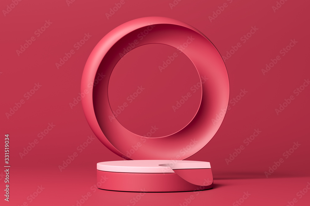 Poster creative pink round showcase with empty space. pedestal with round geometric figure on pink backgrou