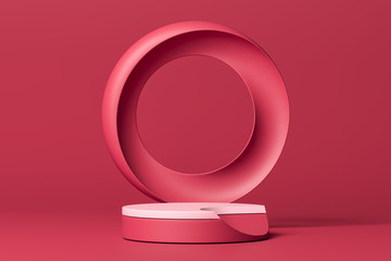 Creative Pink Round Showcase with Empty Space. Pedestal With Round Geometric Figure on Pink Background. 3d rendering