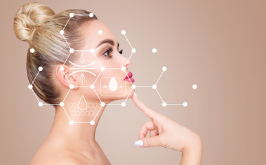 Infographic shows cleansing effect on beautiful female face.