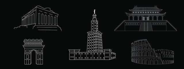 Famous Architecture Outline Buildings Set. Vector icon for web and advertising isolated on black background. Element of culture and traditions.
