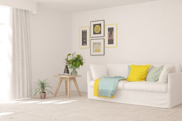 Modern living room in white color with sofa. Scandinavian interior design. 3D illustration