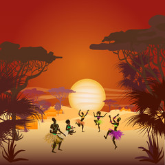 African sunset with dancing natives in ethnic costumes, the setting sun, palm trees and Savannah. Vector illustration.
