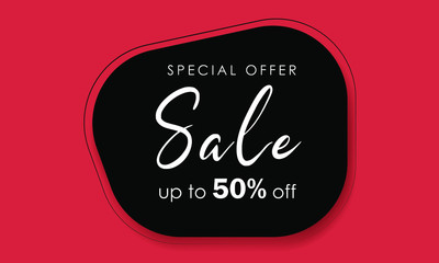Sale up to 50% off. Background red color with abstract graphic element. Special 3d offer. Discount text offer for banner, poster, cover, label, black friday. Vector illustration.