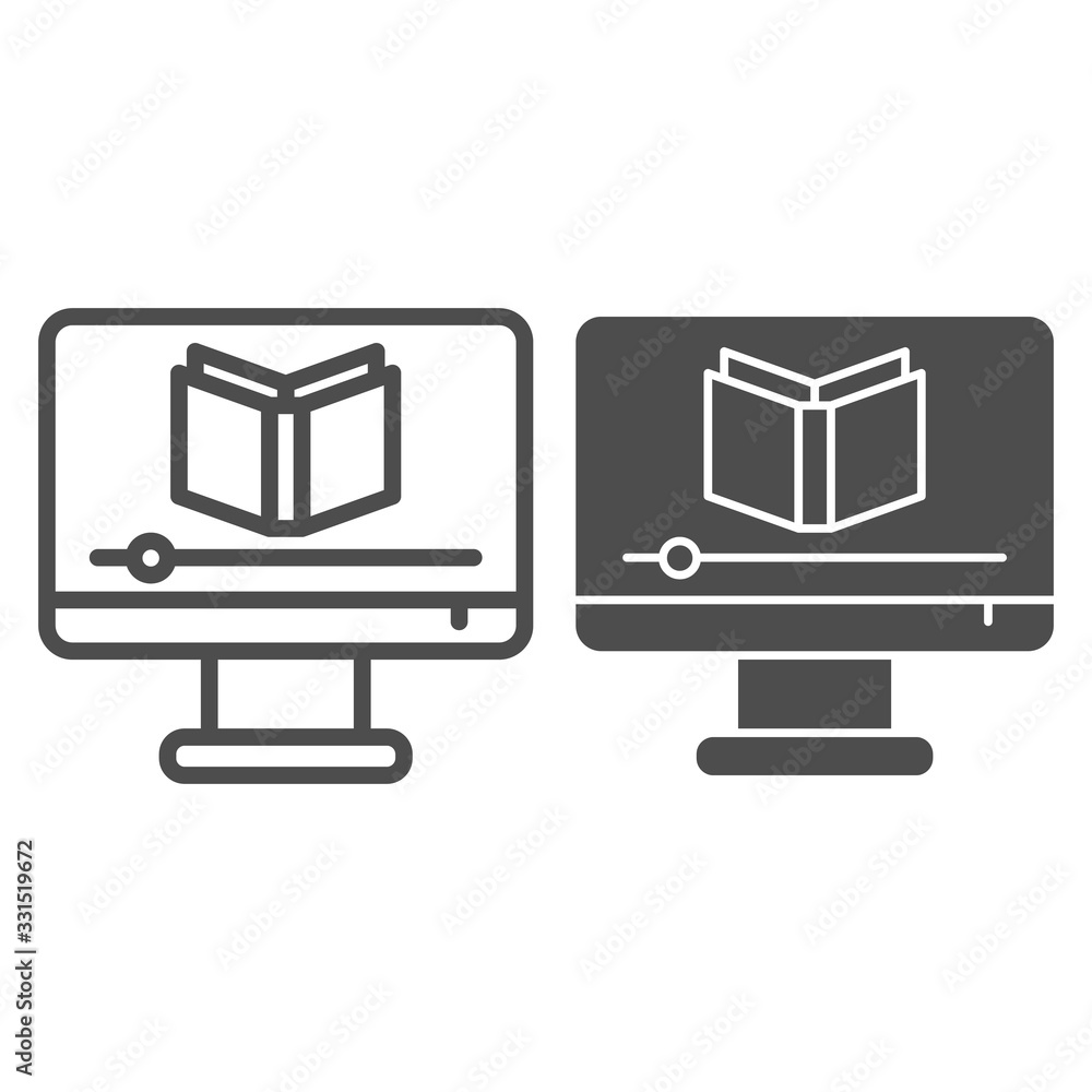 Poster knowledge online course line and solid icon. learning video with book on monitor symbol, outline sty