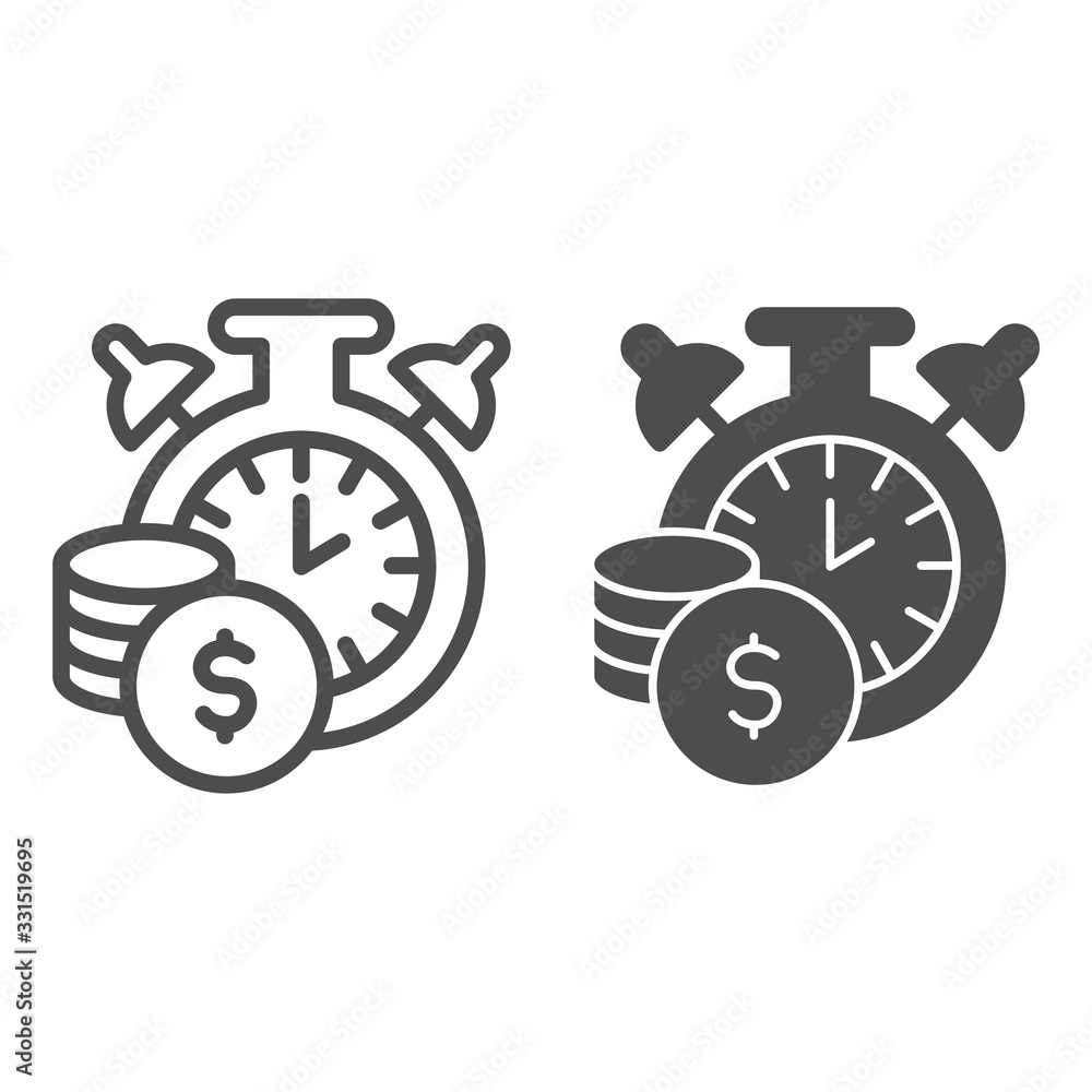 Poster time is money line and solid icon. stopwatch or timer and dollar coins symbol, outline style pictogr