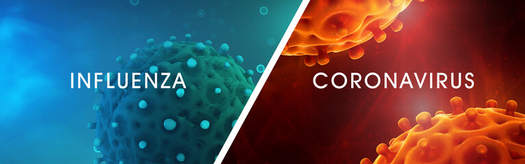 Influenza vs. Coronavirus - The Differences. Microscopic view of a infectious virus. Contagion and propagation of a disease. Corona COVID-19. Sars. Flu. 3D Rendering - obrazy, fototapety, plakaty