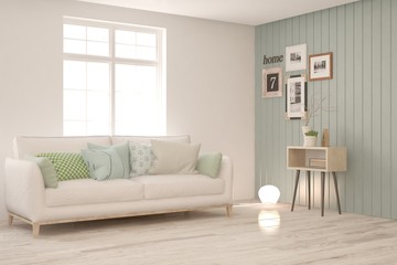 White living room with sofa. Scandinavian interior design. 3D illustration