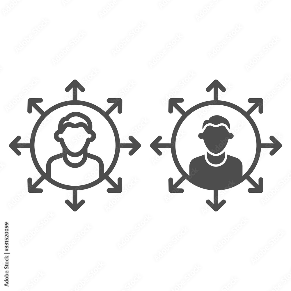 Poster worker multitasking line and solid icon. finance efficient person with many arrows symbol, outline s