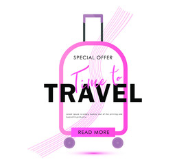 3d travel banner with suitcase. Discount text offer for poster, cover, label, black friday. Icon template in trendy style. Special paper offer concept. Vector Illustration.