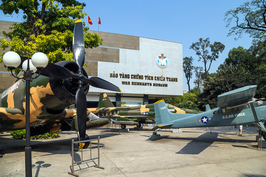 HO CHI MINH CITY, VIETNAM - JANUARY 25, 2015: War Remnants Museum in District 3. Army plane US AIR FORCE near Saigon Remnants Museum captured during the war, popular museums in Vietnam attracting.