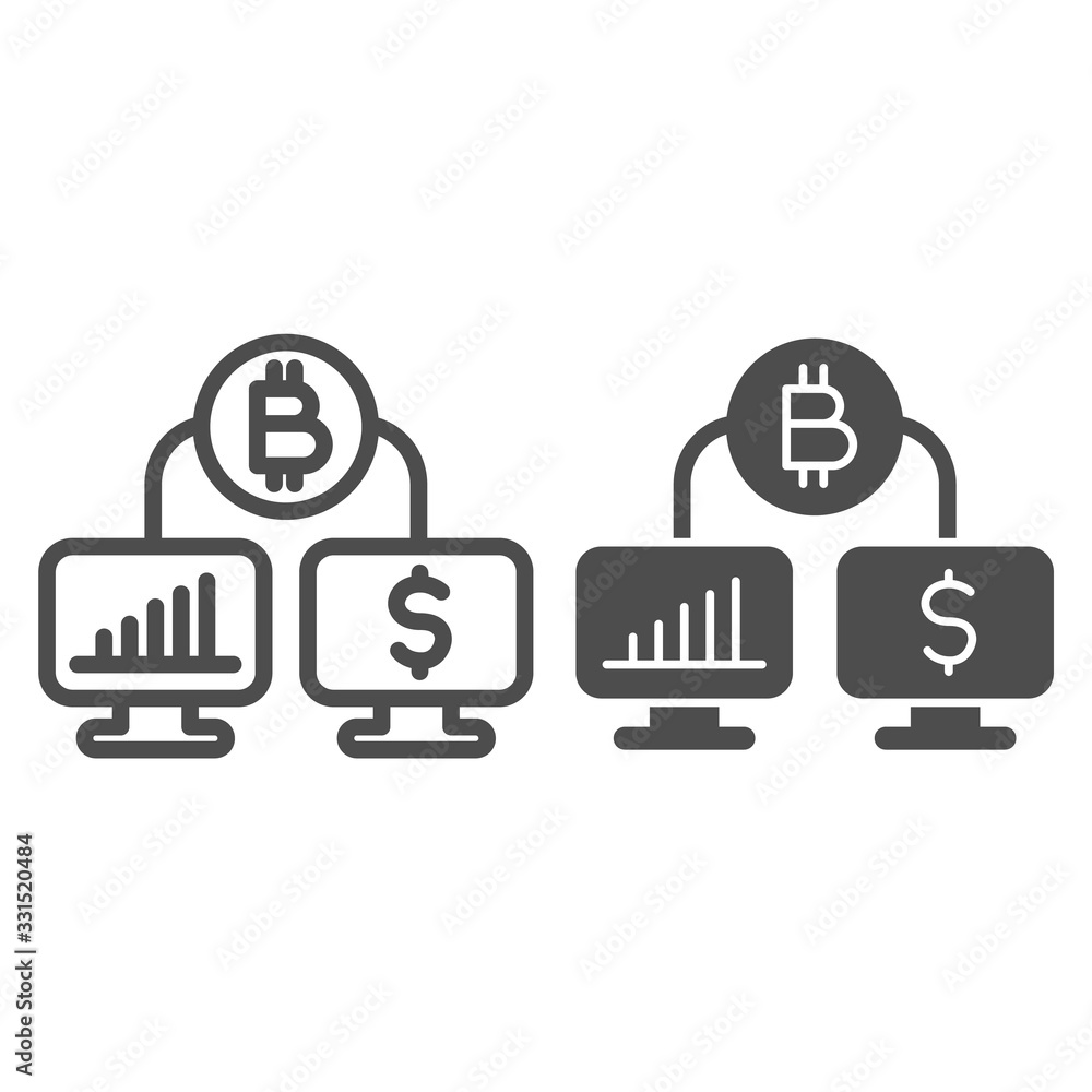 Poster bitcoin and dollar cash flow line and solid icon. cryptocurrency rate graph monitors symbol, outline