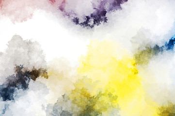 Watercolor painted background with blots and splatters. Brush stroked painting. 2D Illustration.
